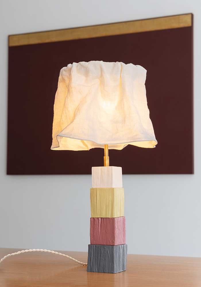 Table LightBrass, fabric and split wood, hand-painted by Jejo Cornelsen. Brazil, 2026Ø 10" x 18.25"Inquire