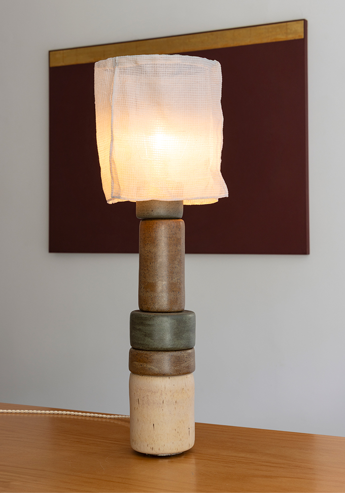 Floor Light 3Glazed ceramic, stainless steel, and silk lampshade. Brazil, 2026.Ø 10" x 27"Inquire