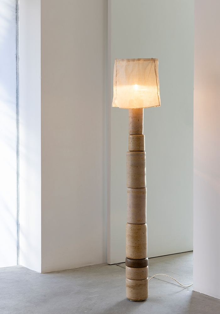 Floor Light 4Glazed ceramic, stainless steel, and silk lampshade. Brazil, 2026.Ø 12.75 x 51.75"Inquire